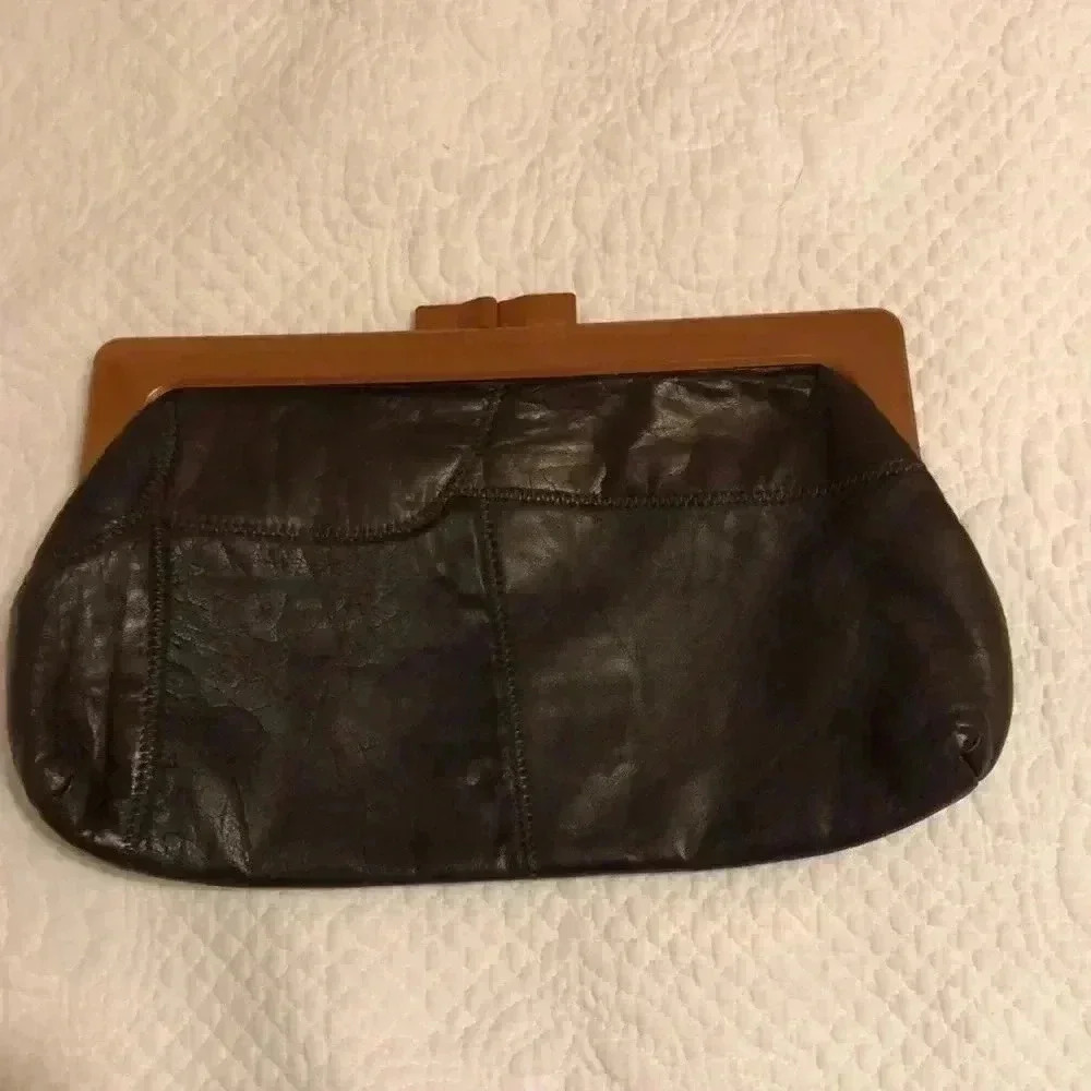 1970s vintage brown leather patchwork clutch. Made in Hong Kong.